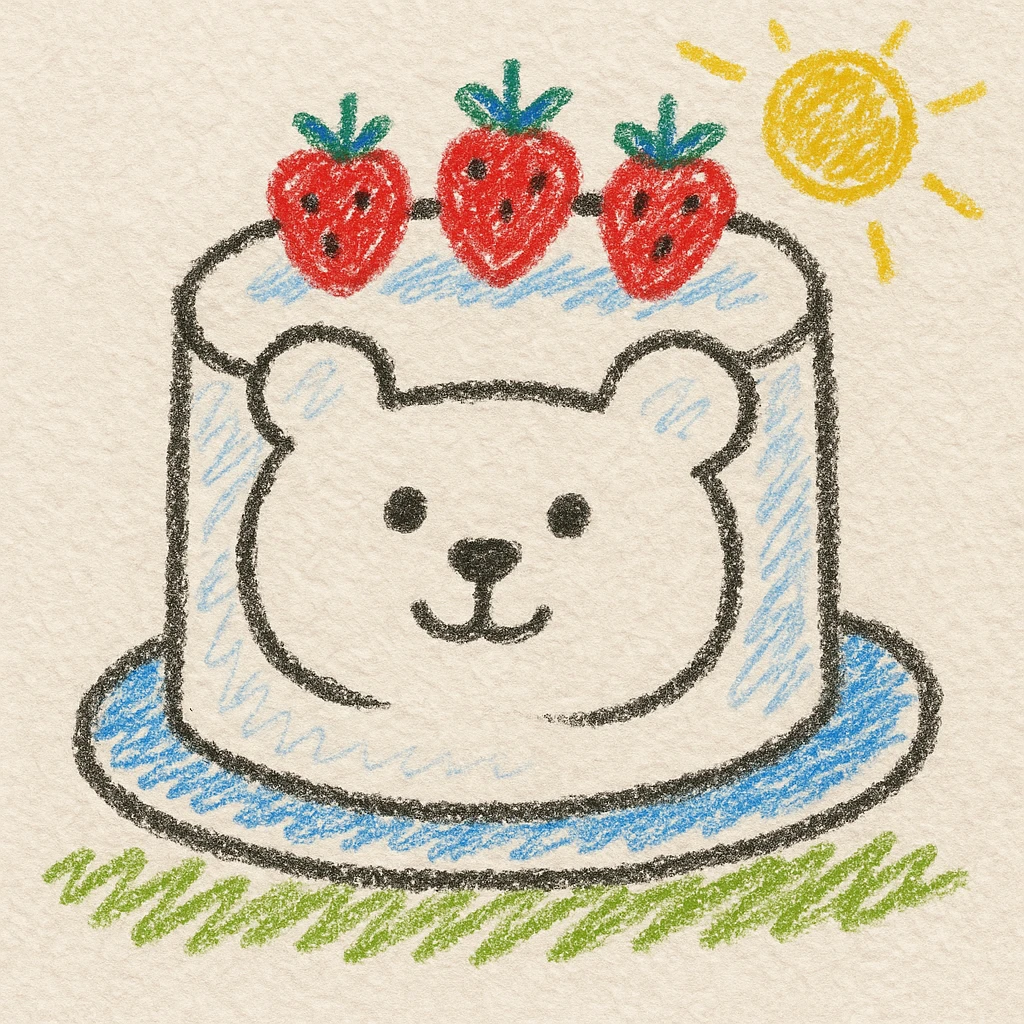 white cake shaped like a bear with strawberries on top, children doodle style, playful and cute emoji