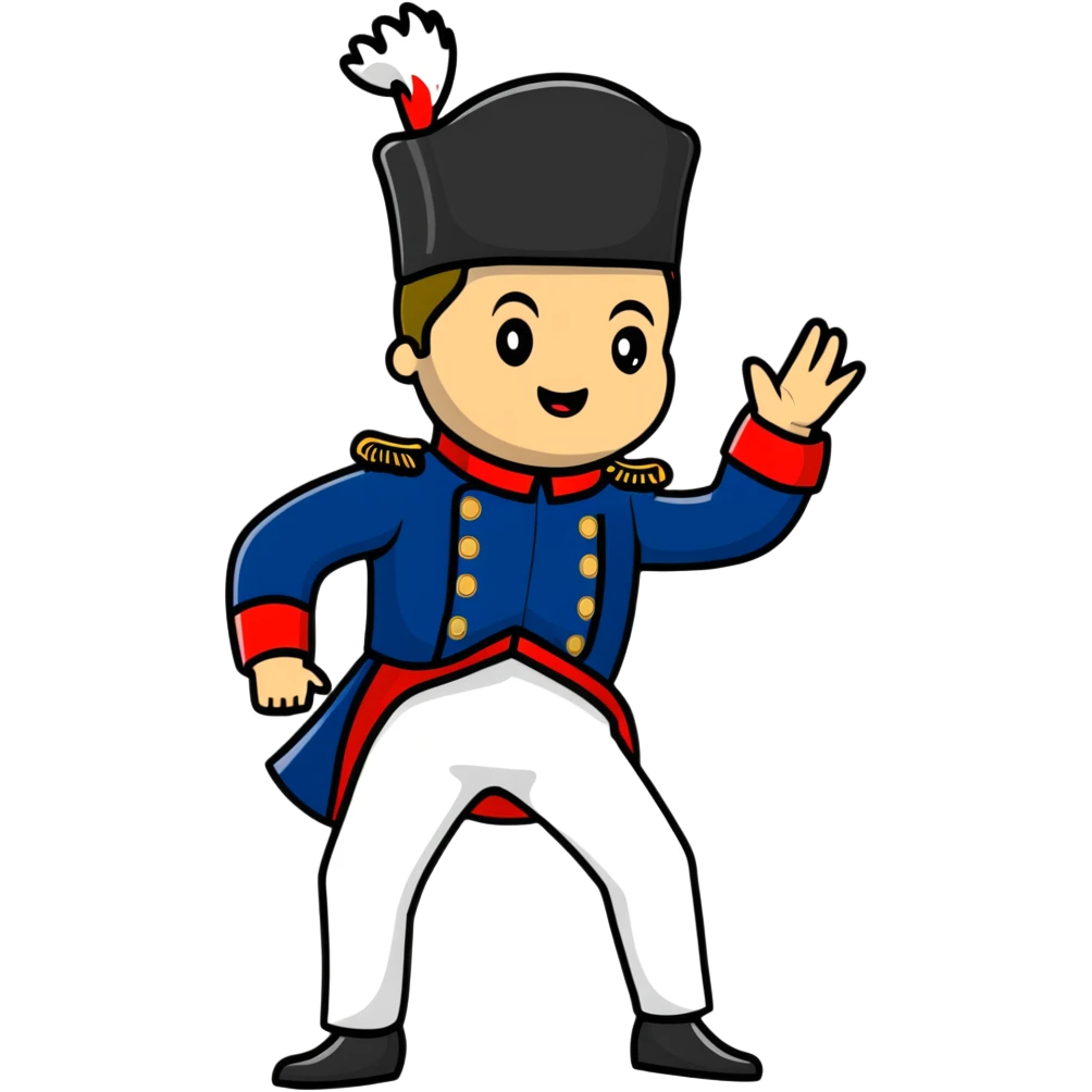 Napoleon Bonaparte in his iconic military uniform and bicorne hat dancing the Macarena dance emoji
