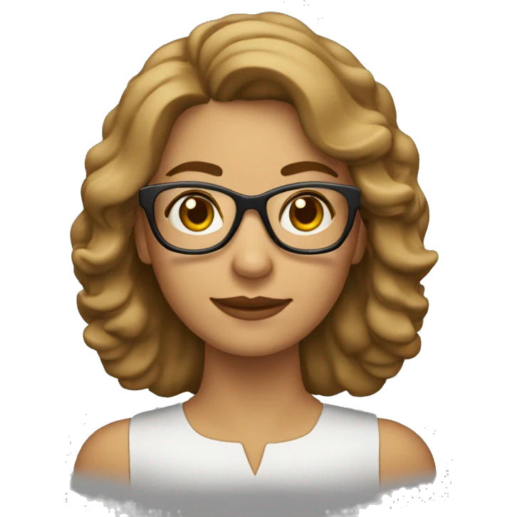 mujer de 40 años, pelo ondulado castaño claro por los hombros y con gafas  emoji