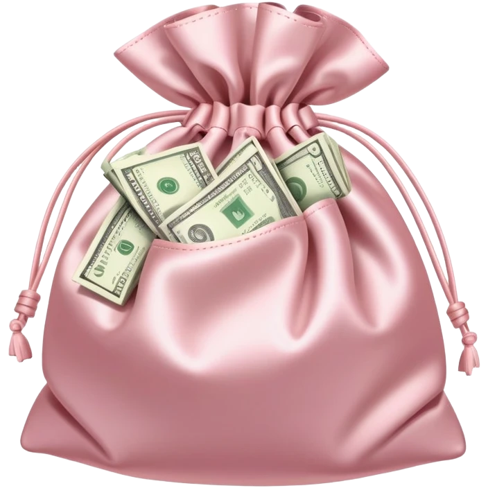 Soft pink satin money bag overflowing with cash, subtle luxury, no logos emoji