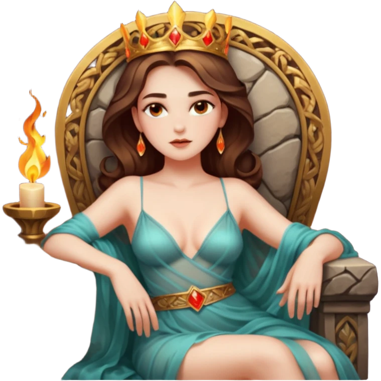 Woman reclining on a stone throne, sheer fabric, torchlight, dangerous seduction emoji