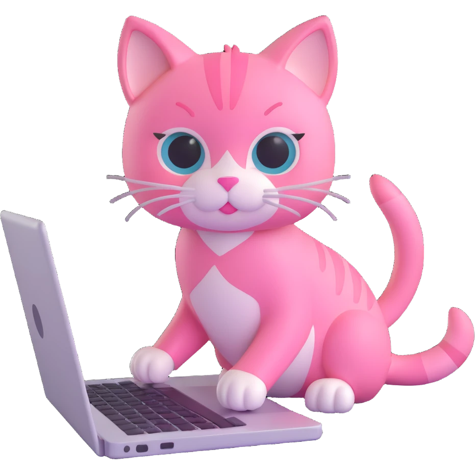 pink kitten using a laptop, soft and rounded emoji
