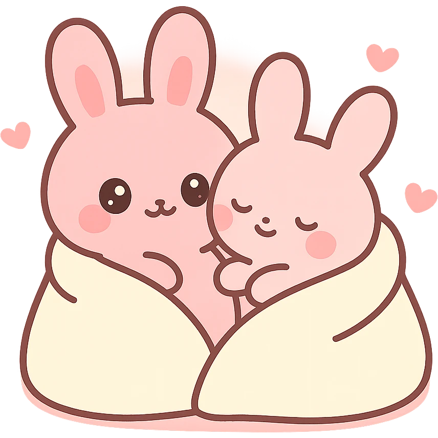 pink bunnies snuggling in blanket emoji