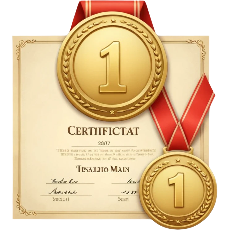 Medalla con número uno, y detrás un certificado emoji