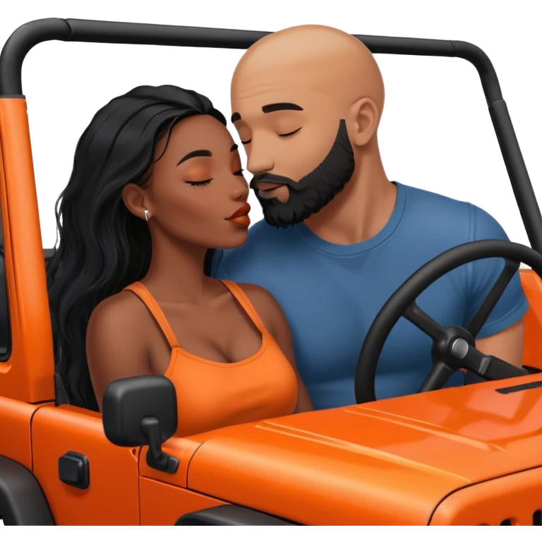 Intimate moment between lovers, real photo Realistic Couple, black woman with long black balayage hair is kissing bald white muscular man with orange facial hair and beard in a red Jeep Wrangler  emoji