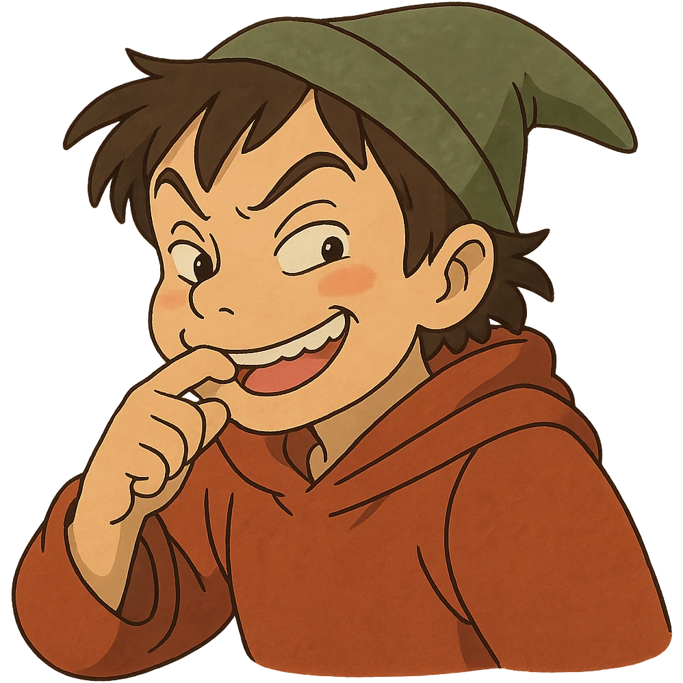 ghibli style sneaky character biting a finger, playful and expressive emoji