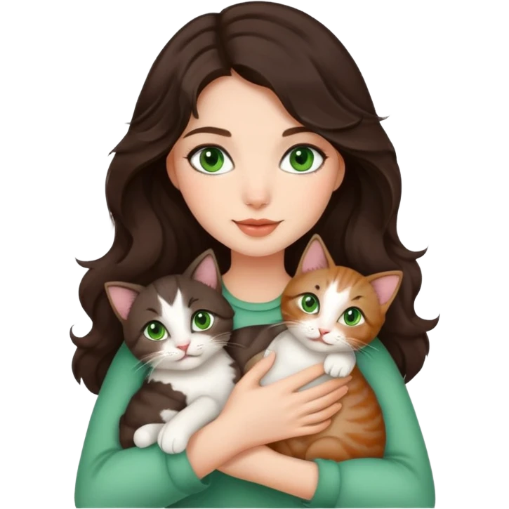 Beautiful girl with dark brown wavy hair and green eyes holding cats in arms emoji
