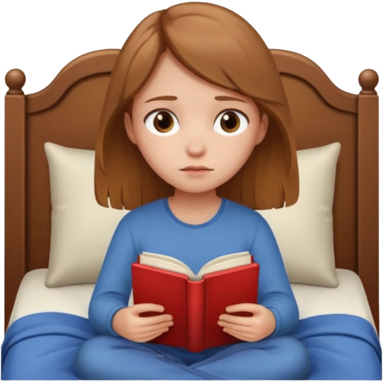 Девушка со светлыми русыми волосами сидит на кровати грустная с книжкой emoji