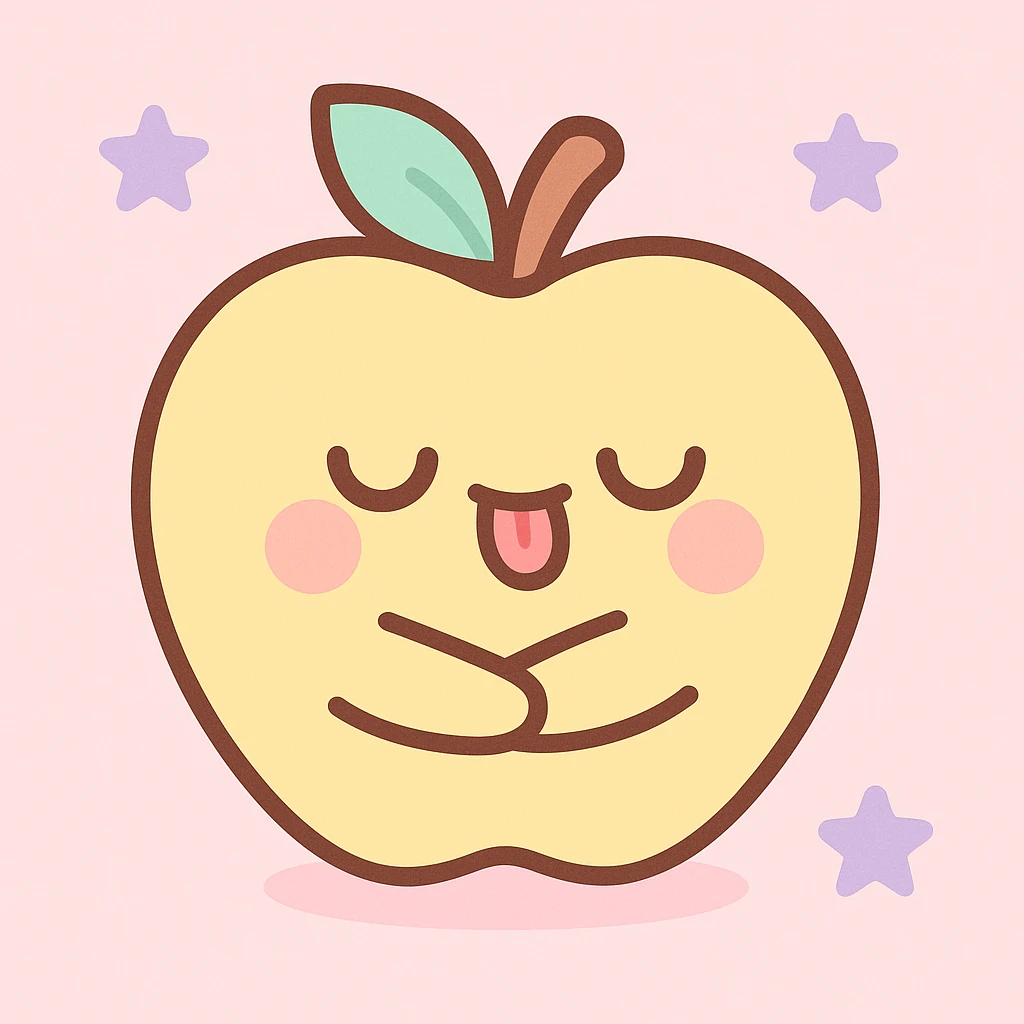 yellow apple, arms crossed around itself as if choking, closed eyes, tongue out, kawaii style emoji