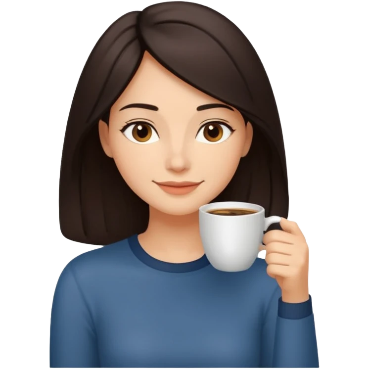 Calm and confident woman with dark shoulder-length hair, warm skin tone, soft features. Sitting by a window, peacefully sipping coffee with a gentle smile. Relaxed, natural vibe. emoji