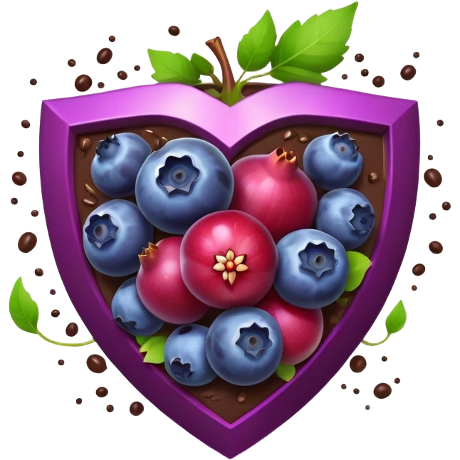 Blueberries, pomegranate, purple grapes, dark chocolate, and green tea leaves floating in a bright purple vortex. A glowing shield surrounds cells, dissolving dark shadow particles representing free radicals. The protective light extends throughout the body, showing antioxidants' protective effects. emoji