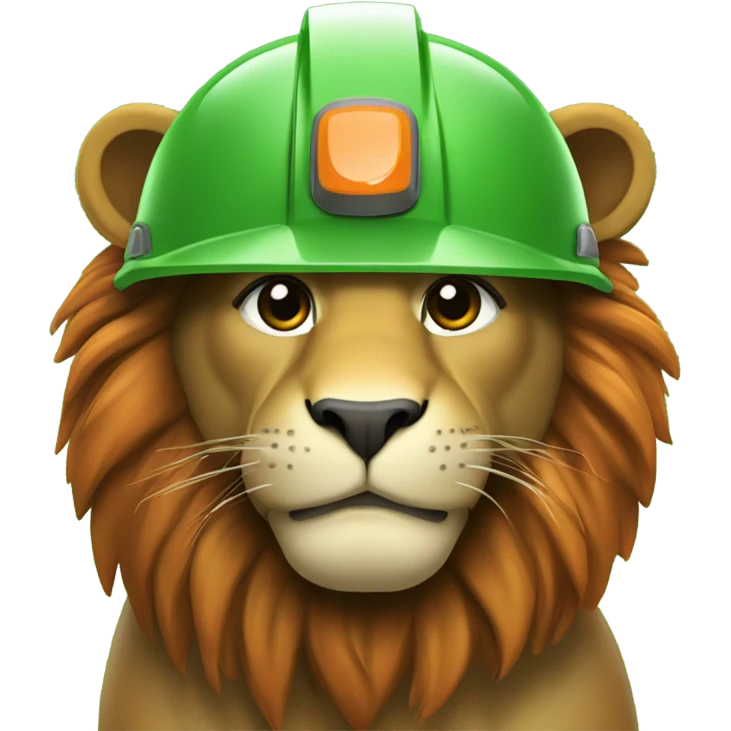 Head of a Lion wearing safety helmet as call center in green and orange theme emoji