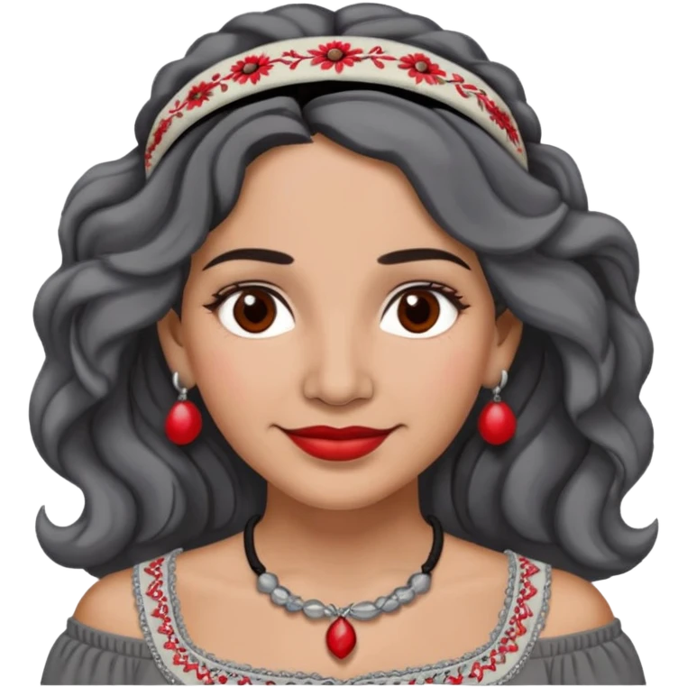 Latina woman, about 50, light brown skin, round face, wavy shoulder-length black and gray hair, red/white headband, medium eyes, thin eyebrows, subtle smile, gray peasant blouse, embroidery, bare shoulders, big dark necklace emoji