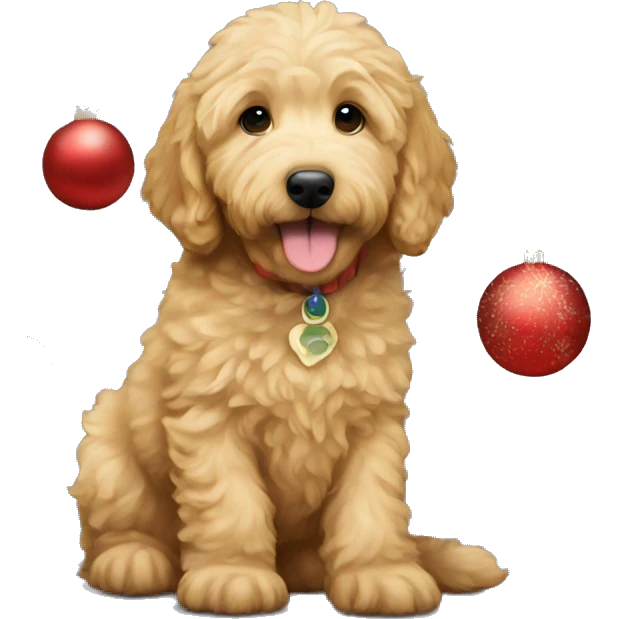 golden doodle puppy under christmas tree  emoji