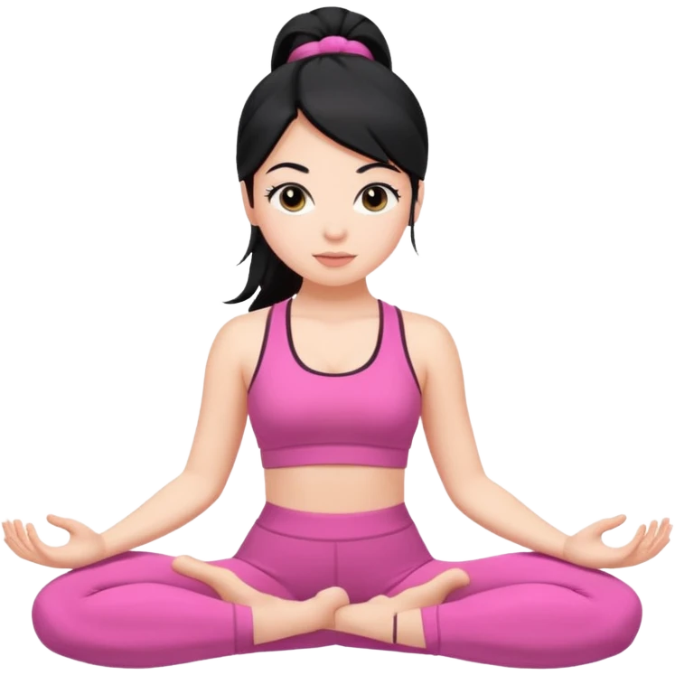 Una chica blanca con pelo negro recogido en una coleta haciendo yoga con un traje rosa  emoji