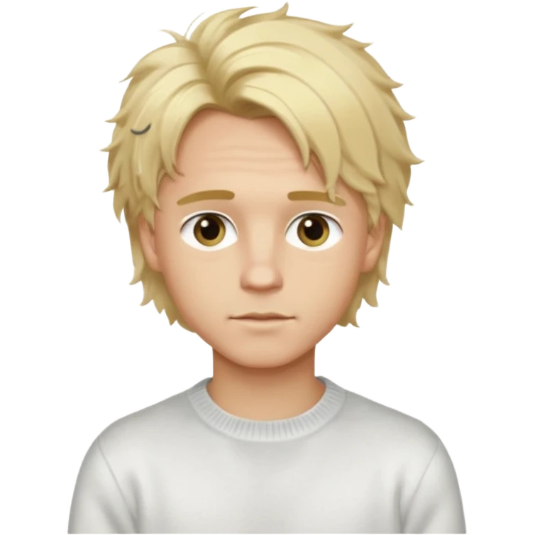 Create a look for a blond boy with long, tousled hair, light eyes, a white sweater, a wealthy appearance, blue eyes, and accessories like a Rolex or Cartier watch, and a cute face with messy hair down. emoji