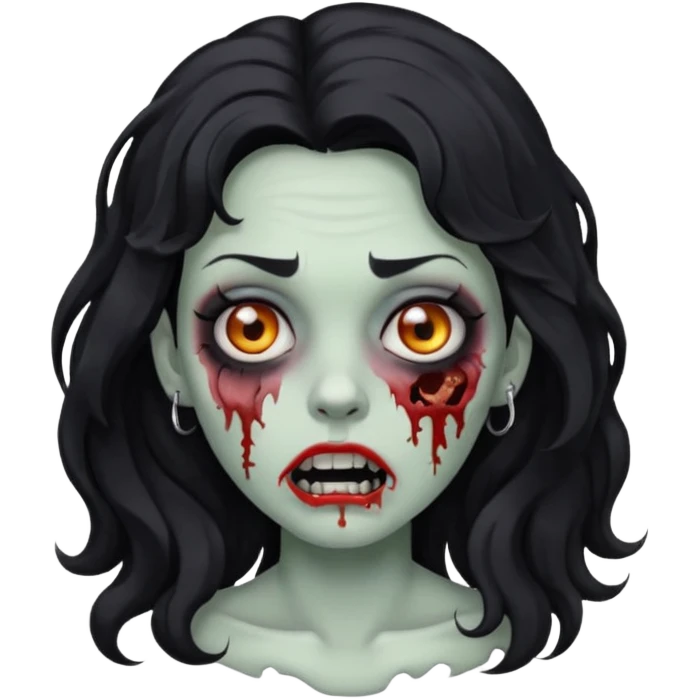 DRAW A ZOMBIE IMAGE OF A WOMAN WITH WAVY BLACK HAIR AND A MOUTH PIERCING emoji