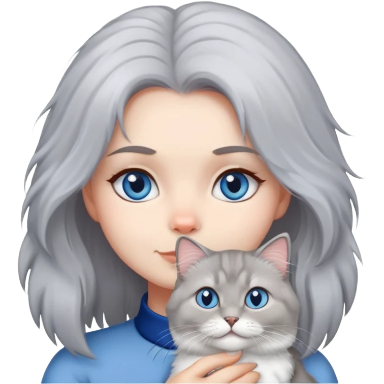 gray hair girl with white blue eye British Longhair cat emoji