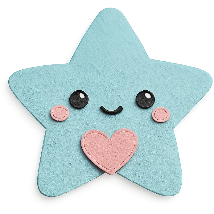 Adorable pastel blue star holding a tiny pastel heart, no arms or legs, full body, transparent background, in kawaii paper craft style. emoji