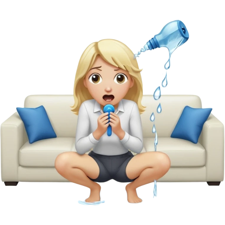 cartoonish blond woman sitting on her knees with surprised expression, wide cartoonish stick with a D-shaped knob coming out of a pair of pants hanging in front of her face, water stream squirting from the flat side of the knob into her open mouth, white couch in the background emoji