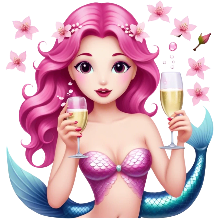 A caucasian mermaid drinking champagne dressed in pink,Cherry blossom emoji