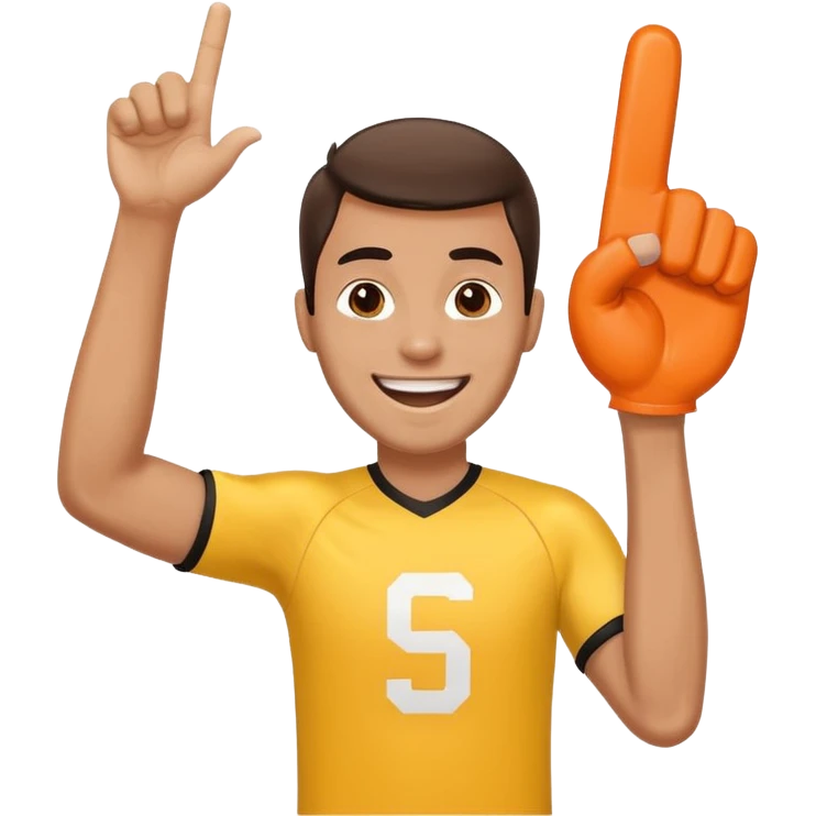 A cheerful man in a team jersey, waving a giant foam finger high with an excited grin. emoji
