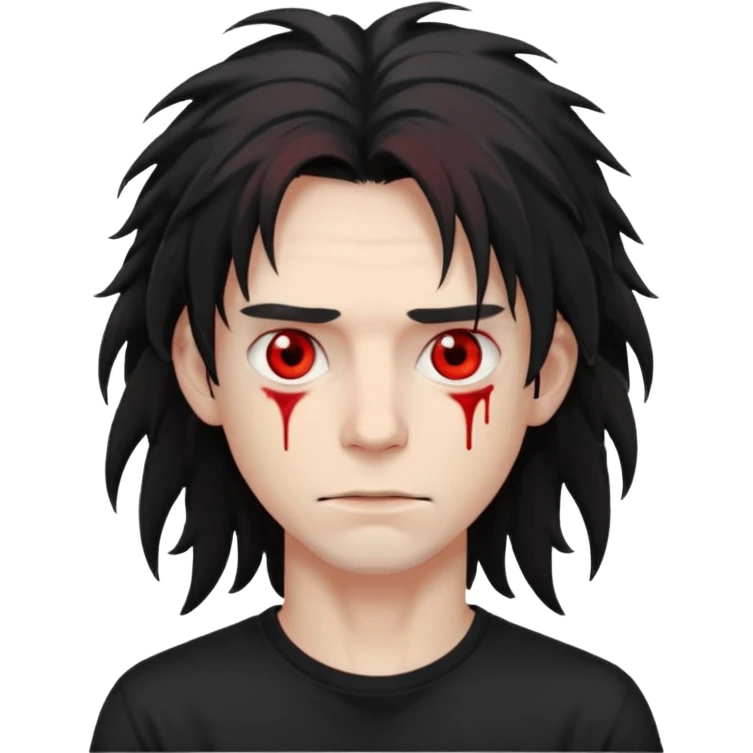 Парень с бледной кожей и красными глазами,  чёрные длинные растрёпанные волосы до ушей, в черной футболке  emoji
