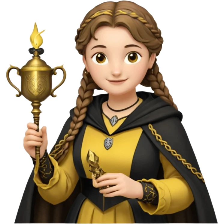 Helga Hufflepuff,the Hogwarts founder of Hufflepuff,brown-haired,2braids,yellow-black medieval dress with black cloak decorated with gold braiding,flickering magic wand and tiny two-handled shiny gold cup engraved with the badger silhouette,very kind smile,curvy busty sweet emoji