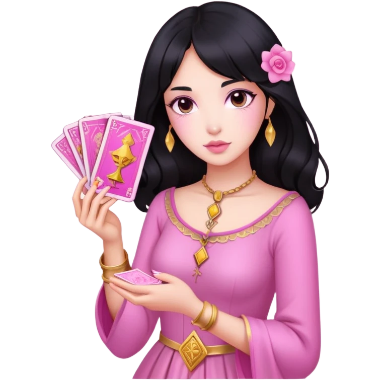 black hair girl with pink pink tarot gold cards emoji