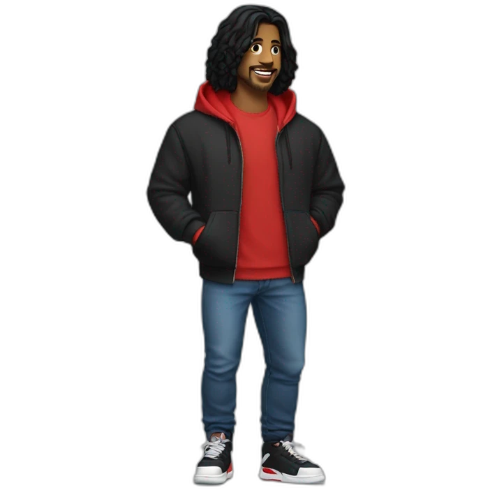 male adult, Long black hair, Black hoodie, Blue Jeans, Red Air Jordans emoji