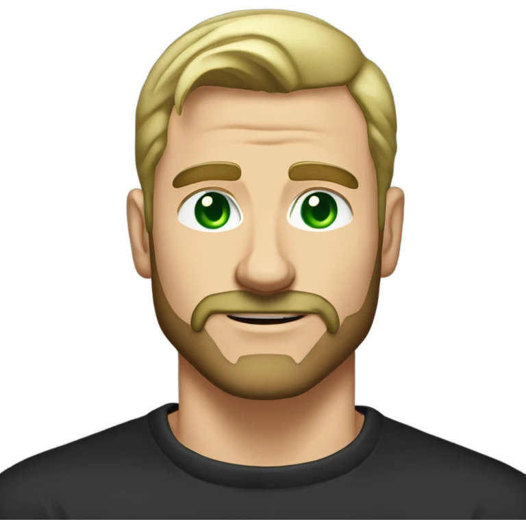 Muscular tall man with green eyes withour beard and mustache dirty blonde short straight hair brushed back, wearing a black sweater in a casual style, loves old-money aesthetic emoji