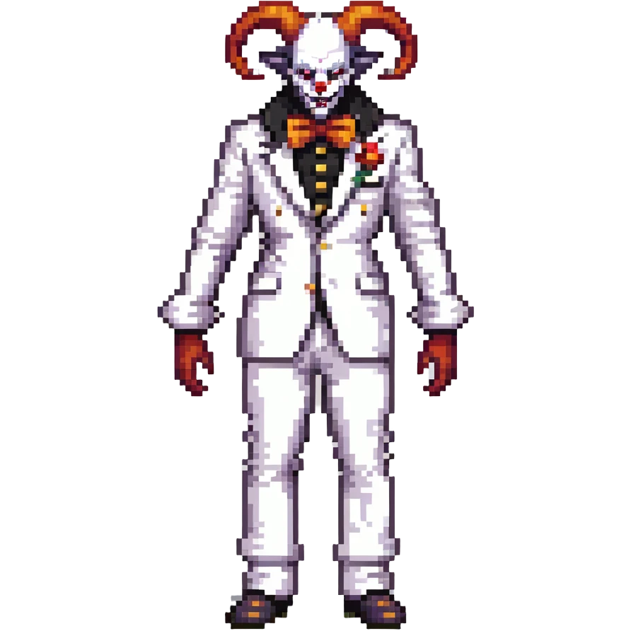 full-body demonic clown in a white leisure suit with bellbottom pants, bald, with black ram horns emoji