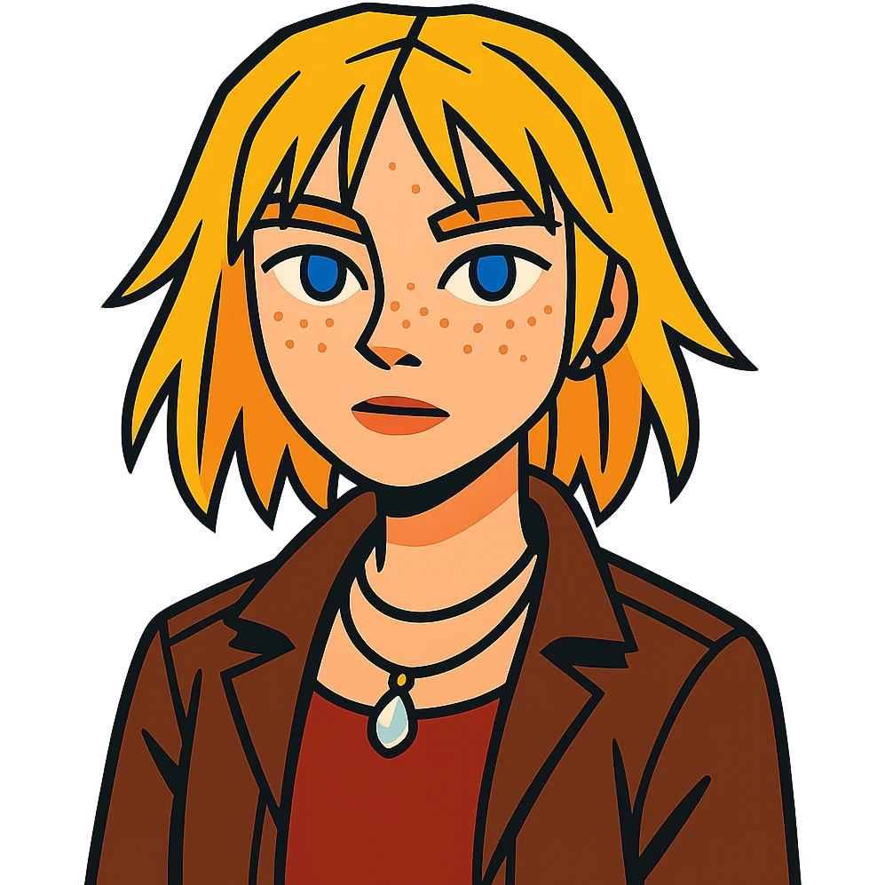 14-year-old girl with choppy blonde hair, armpit length, shortest at mouth, middle part, light freckles, blue eyes, defined cupid's brow, tight dark red top, brown leather jacket, necklaces emoji