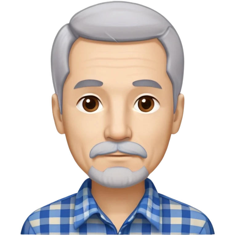 Thin older Hispanic man with light complexion. Elongated slim face with wise expression. Relaxed brown eyes. Long straight fine gray-white hair that covers the ears with soft fringe in front. White mustache connected to chin beard. Lean physique. Wearing a beige and blue plaid long-sleeved shirt. emoji