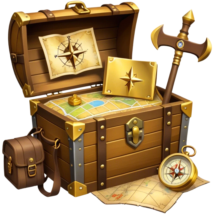 An icon featuring a treasure chest overflowing with gold, a treasure map with a compass rose, a backpack, and a shovel. The map guides the way, symbolizing the adventure of treasure hunting. Set against a transparent background, the design evokes excitement and exploration. emoji