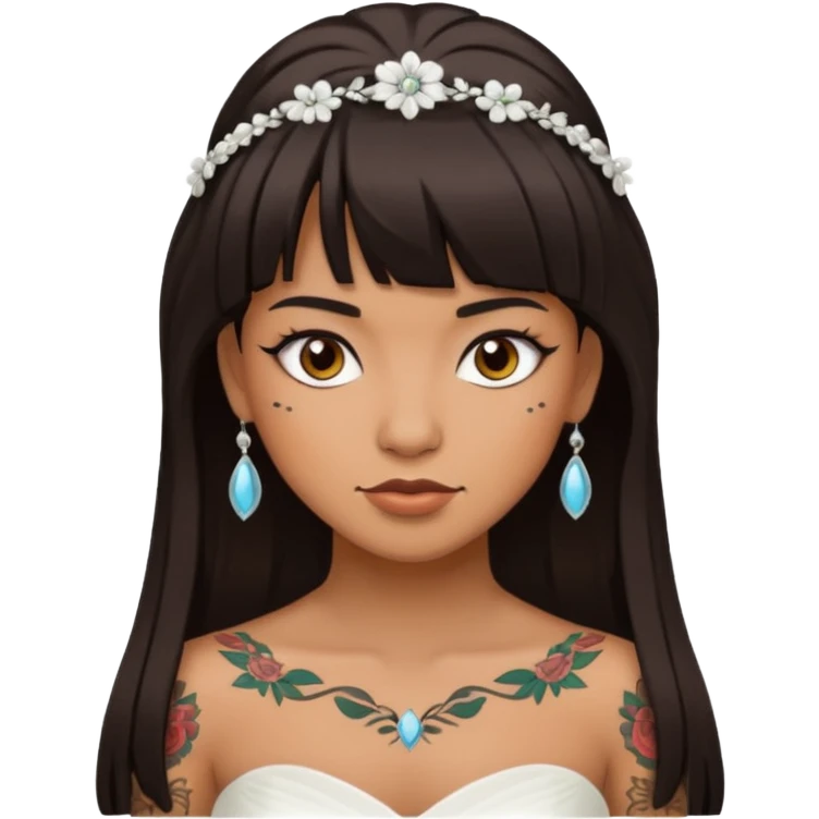 Bride with tan skin, dark hair, and bangs and tattoos emoji