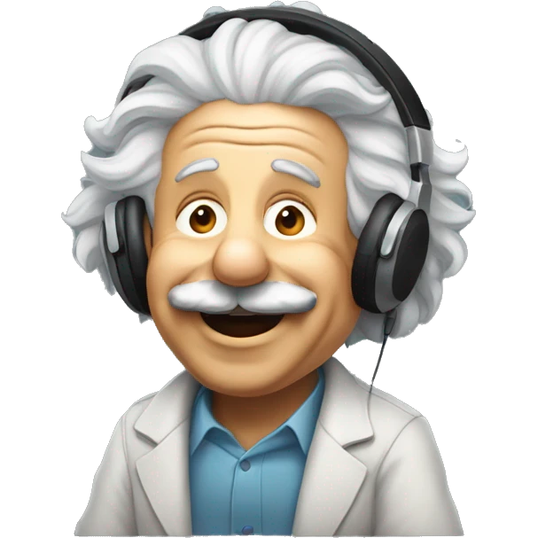 albert einstein happy listening music with wireless headphones while sitting on the chair emoji