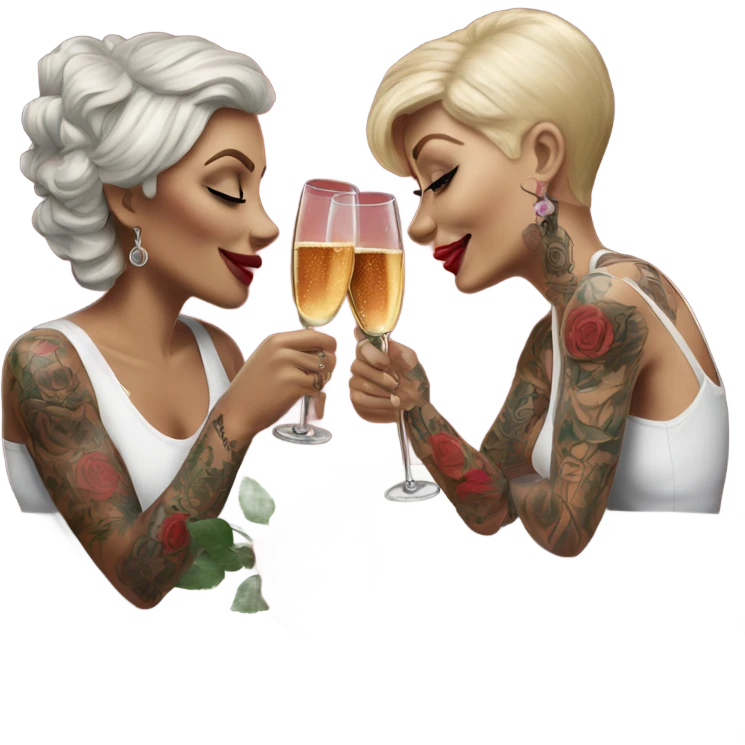 Hyper Realistic tattooed couple drinking champagne with red roses  emoji