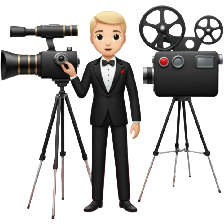 an actor standing on a red carpet with a formal tuxedo, with only one movie camera on a tripod next to him. emoji