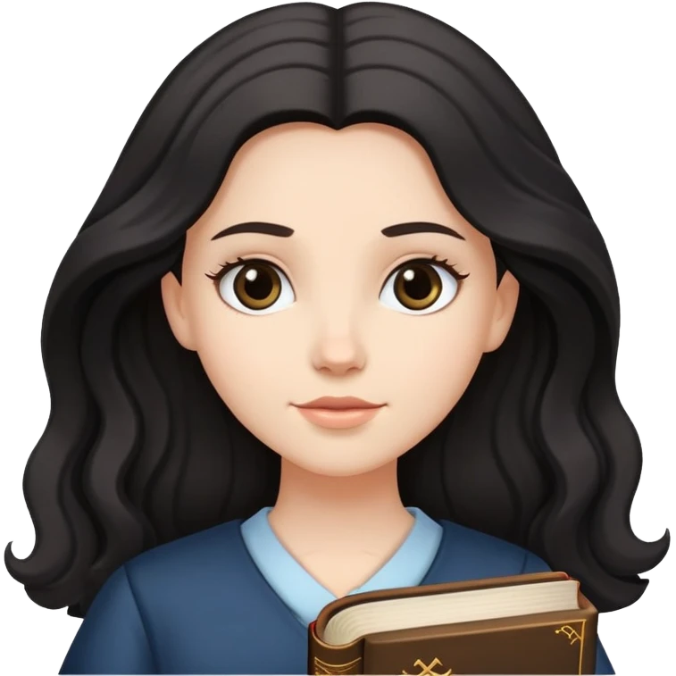 White girl with black straight but wavy hair holding a bible emoji