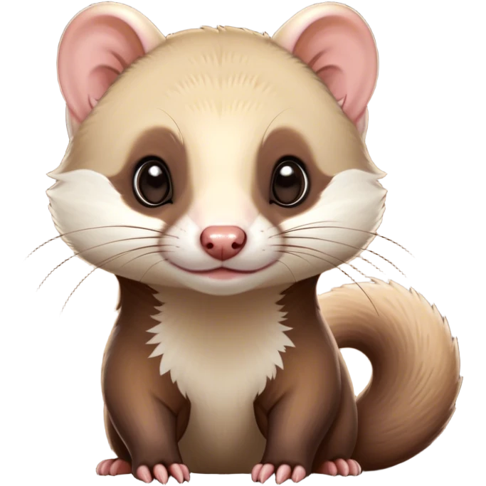 Cinematic Cute sable ferret Portrait Emoji, Head tilted playfully, with an elongated, flexible body and a characteristically curious expression, featuring a short, pointed snout, bright, sparkling eyes, and soft fur in warm brown and cream tones, Simplified yet irresistibly adorable features, highly detailed, glowing with a warm, friendly glow, high shine, affectionate and lively, stylized with a touch of whimsical mischief, soft glowing outline, capturing the essence of a fun-loving and mischievous sable ferret that feels like it could scamper straight into your heart! emoji