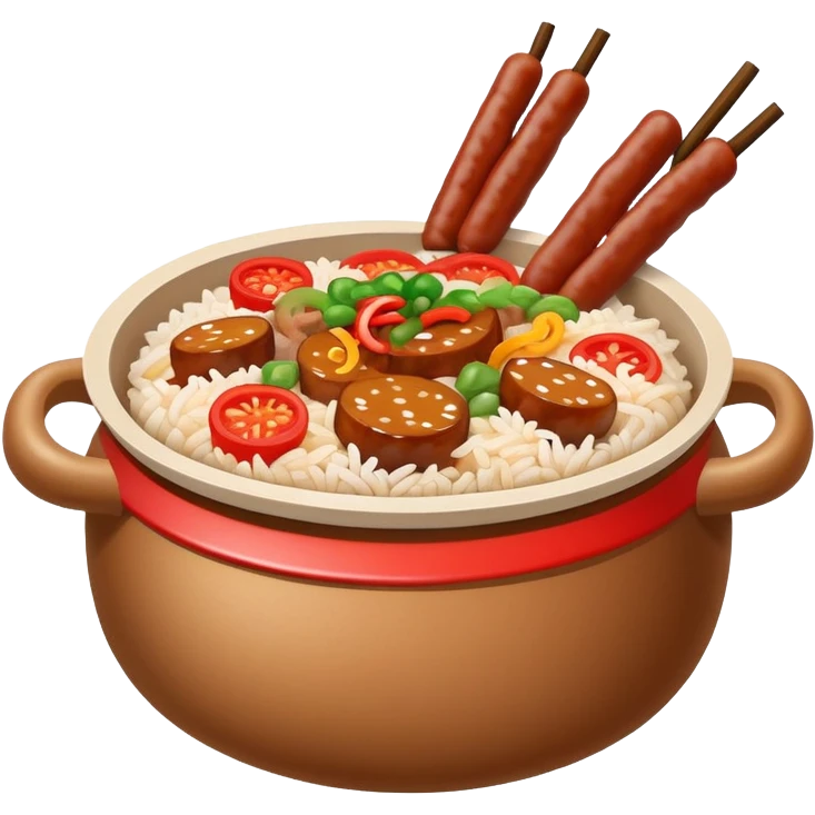 Guangdong clay pot rice with toppings and sauce, simplified emoji style with bold outlines and bright colors, cartoon style Cantonese Bo Zai Fan emoji