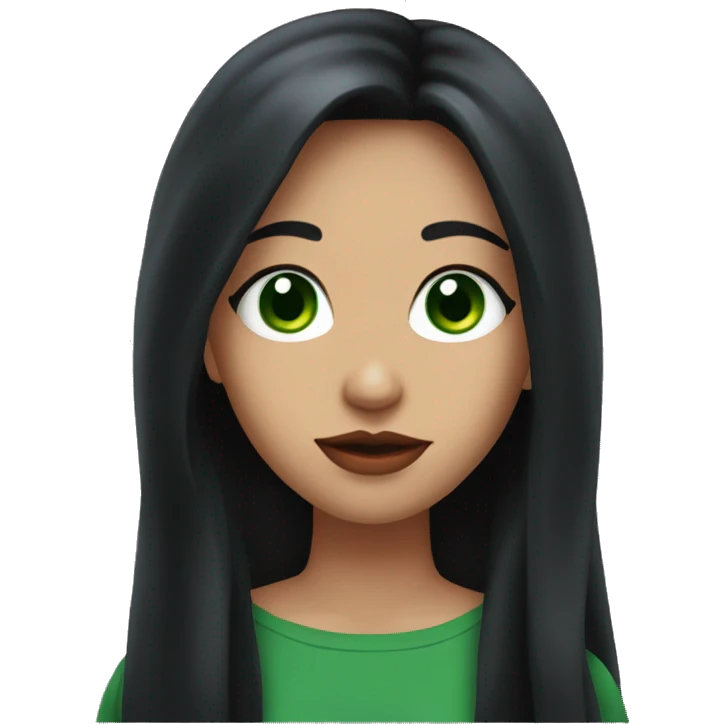 half body shot, A girl with long black hair and green eyes, light red lips emoji