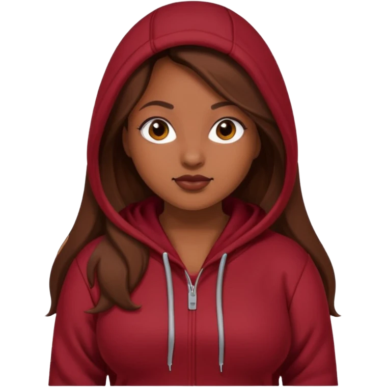 Curvy pretty brown girl with long brown hair, wearing a dark deep red hoodie emoji