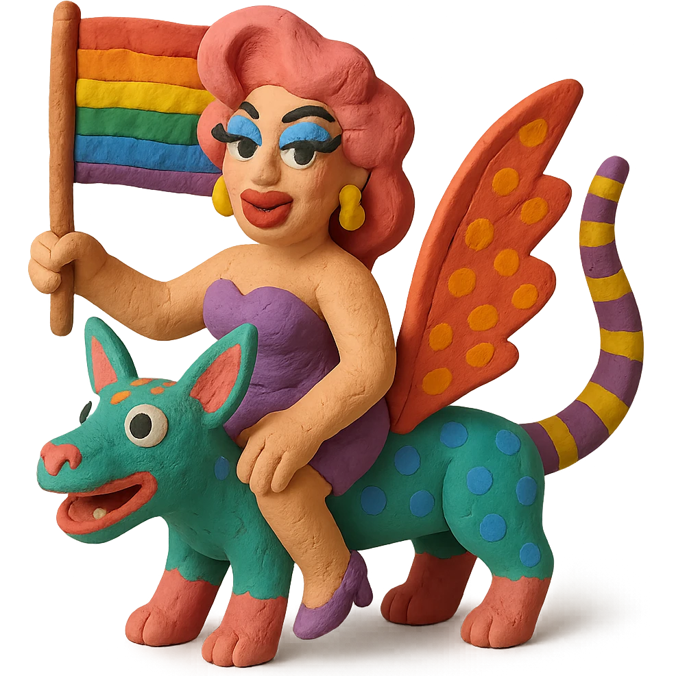 drag queen riding a surreal alebrije, holding an LGBTQ flag, in a matte plasticine claymation style with visible fingerprints and pastel colors emoji