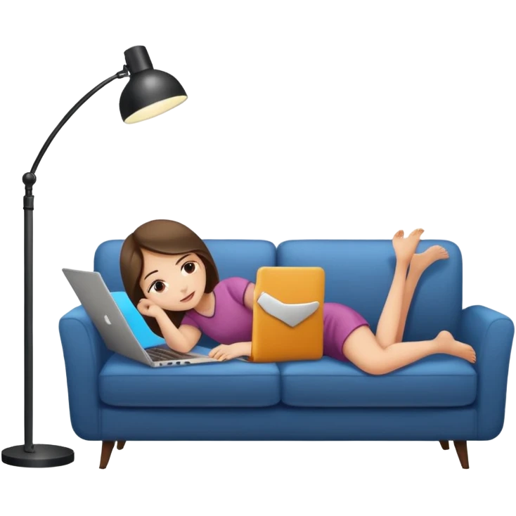 A girl is working with a laptop while lying on a sofa, with a floor lamp to the right. emoji