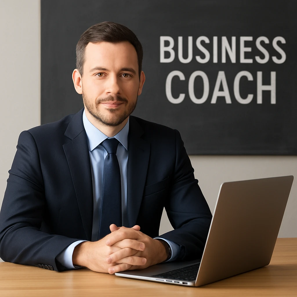 A 35-year-old male business coach sitting at a table with a laptop, professional and confident emoji