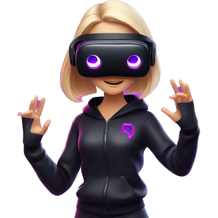 Russian girl wearing black hoody with violet letters "OMG", in vr headset oculus quest2. Dancing. Cyberpunk style. Violet neon. emoji