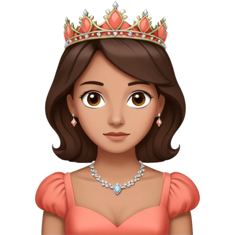 face with tiara, don't make her happy though, she's a widow and meant to be depressed. even though she's depressed, she wants to be happier and is doing her best to be happier. she's a countess. brunette, brown eyes, tanned skin, wears coral emoji