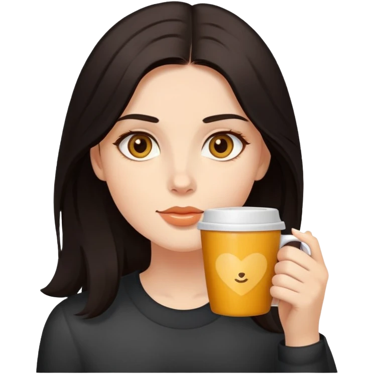 Uma menina de cabelos escuros com olhos cor de mel tomando um café  emoji